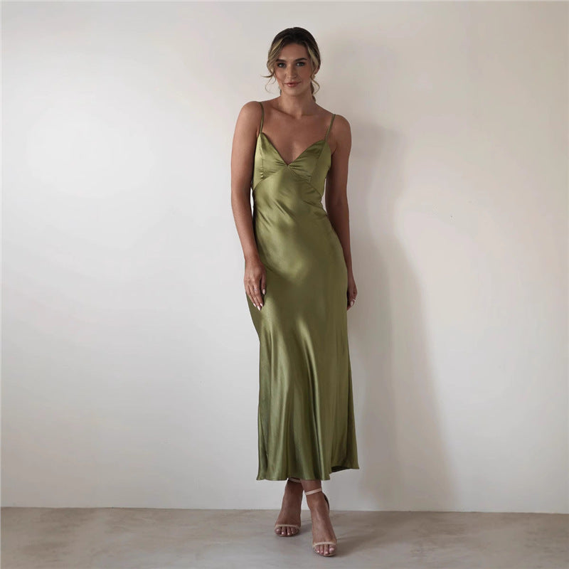 Satin Strap Backless Long Dress