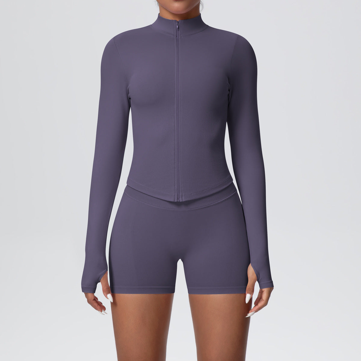 seamless solid color tight high elastic breathable zipper sports suit