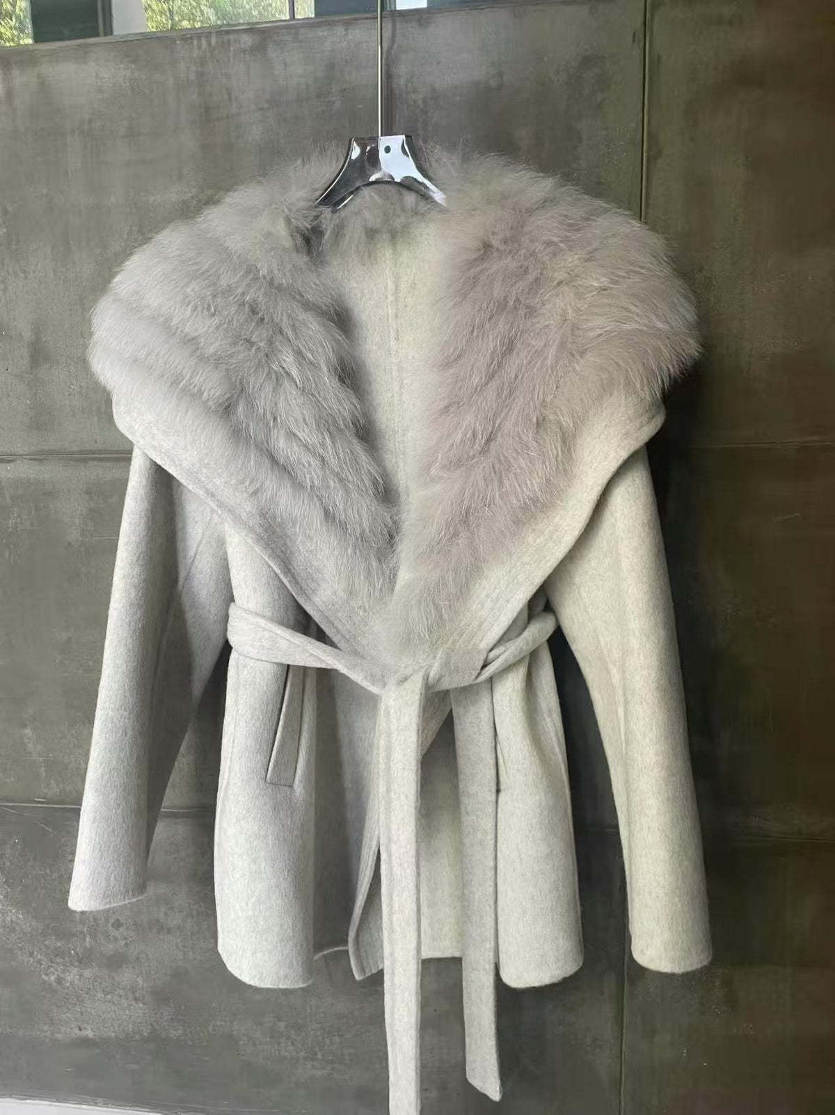 Womens Fox Fur Collar Cashmere Belted Coat