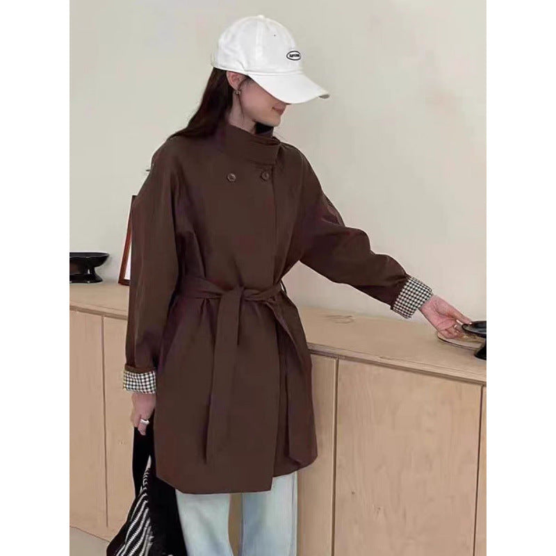 Cinched-waist mid-length trench coat