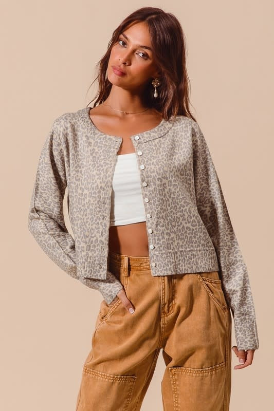 Leopard Print Button Up Cardigan - Vintage Oatmeal
