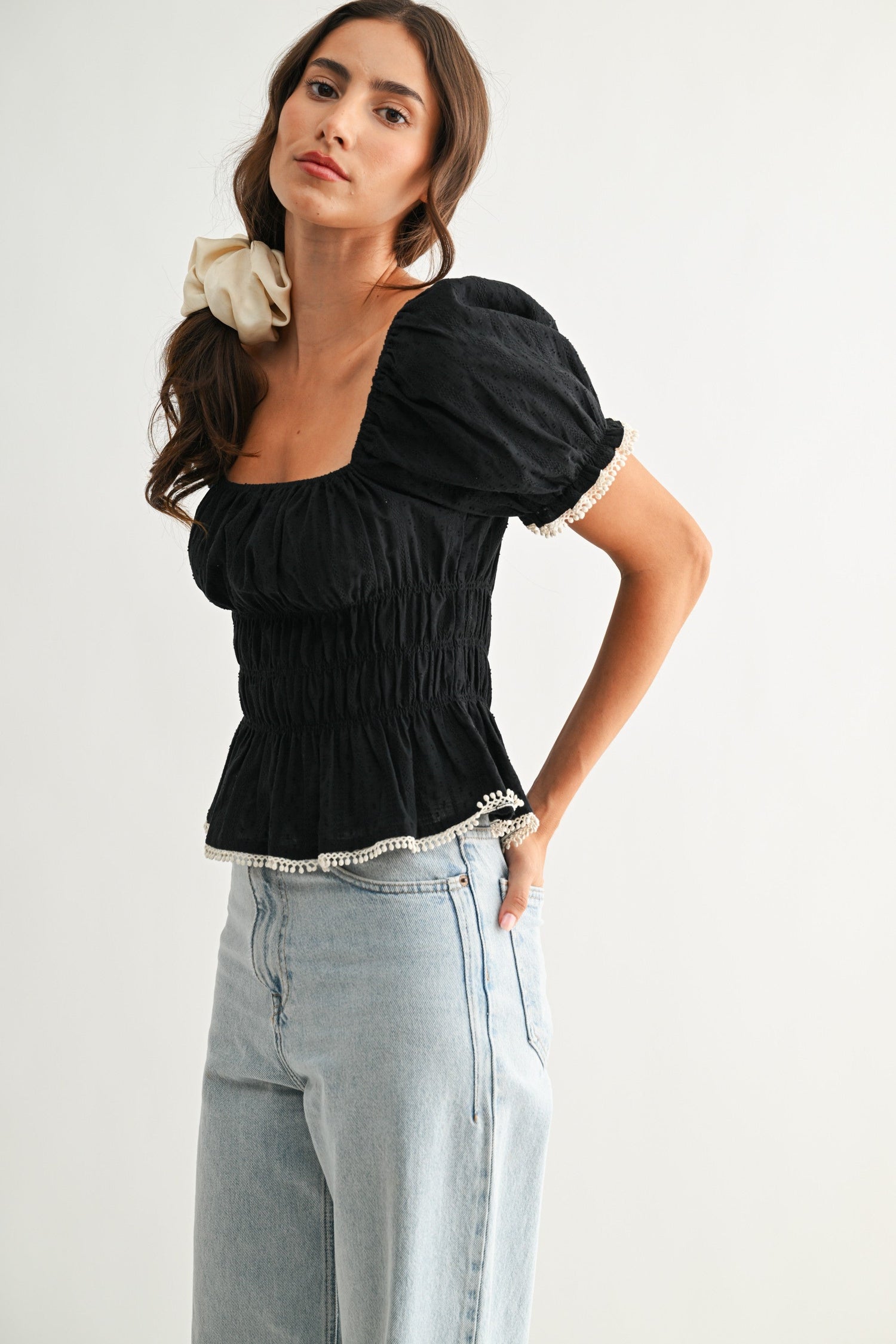 Smocked Peplum Top With Puff Sleeves