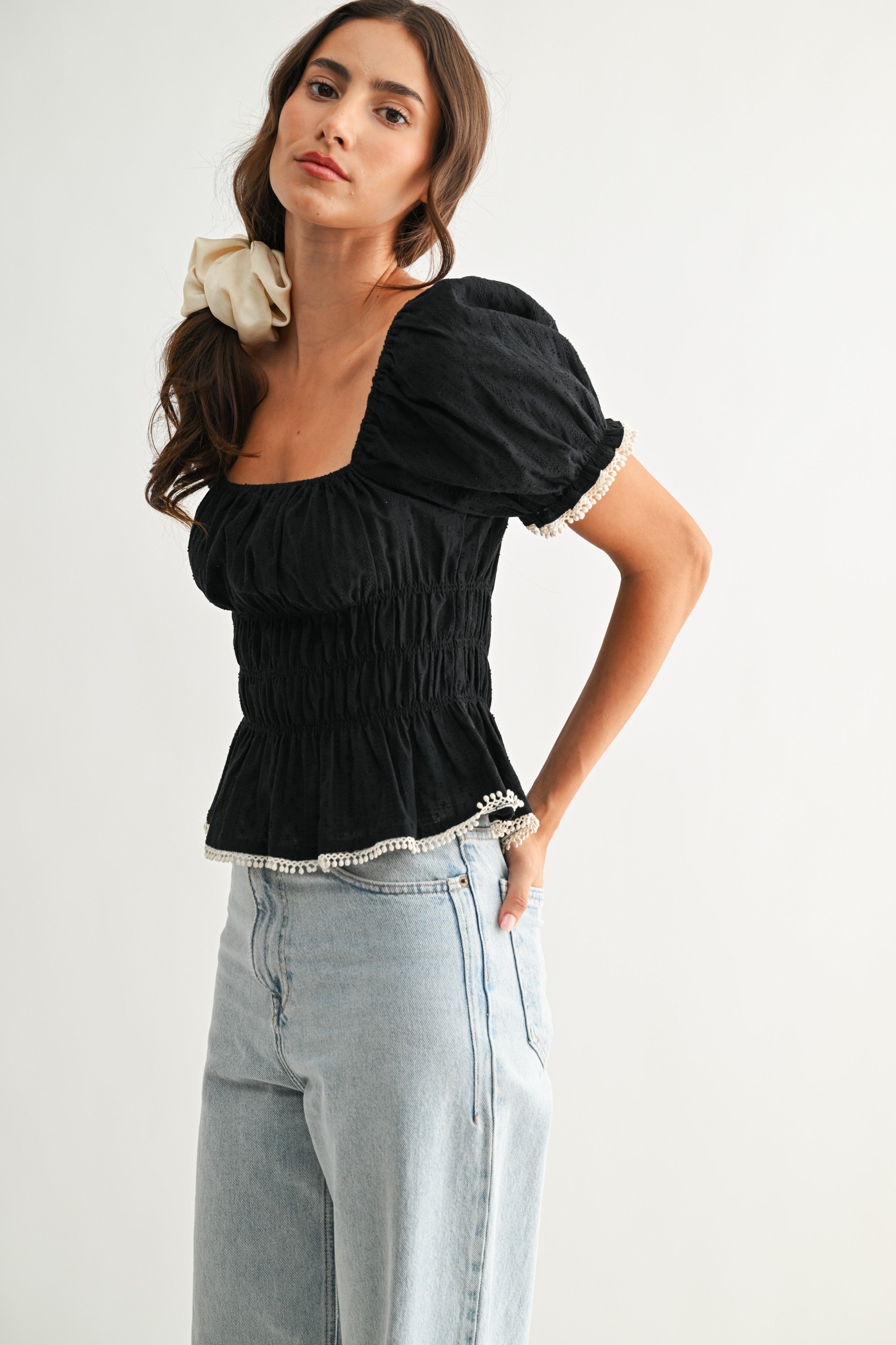 Smocked Peplum Top With Puff Sleeves