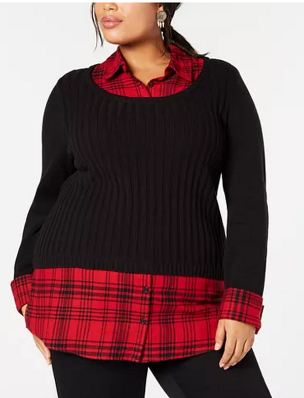 Style &amp; Co Plus Size Layered-Look Plaid  Sweater Top, Size: 0X