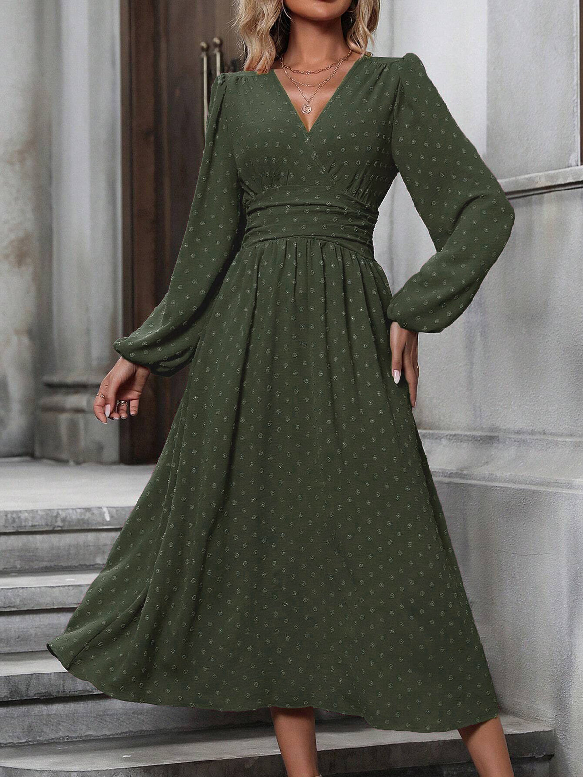 medium fur ball diagonal collar lantern sleeve pleated waist dress