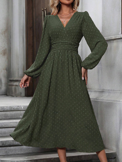 medium fur ball diagonal collar lantern sleeve pleated waist dress