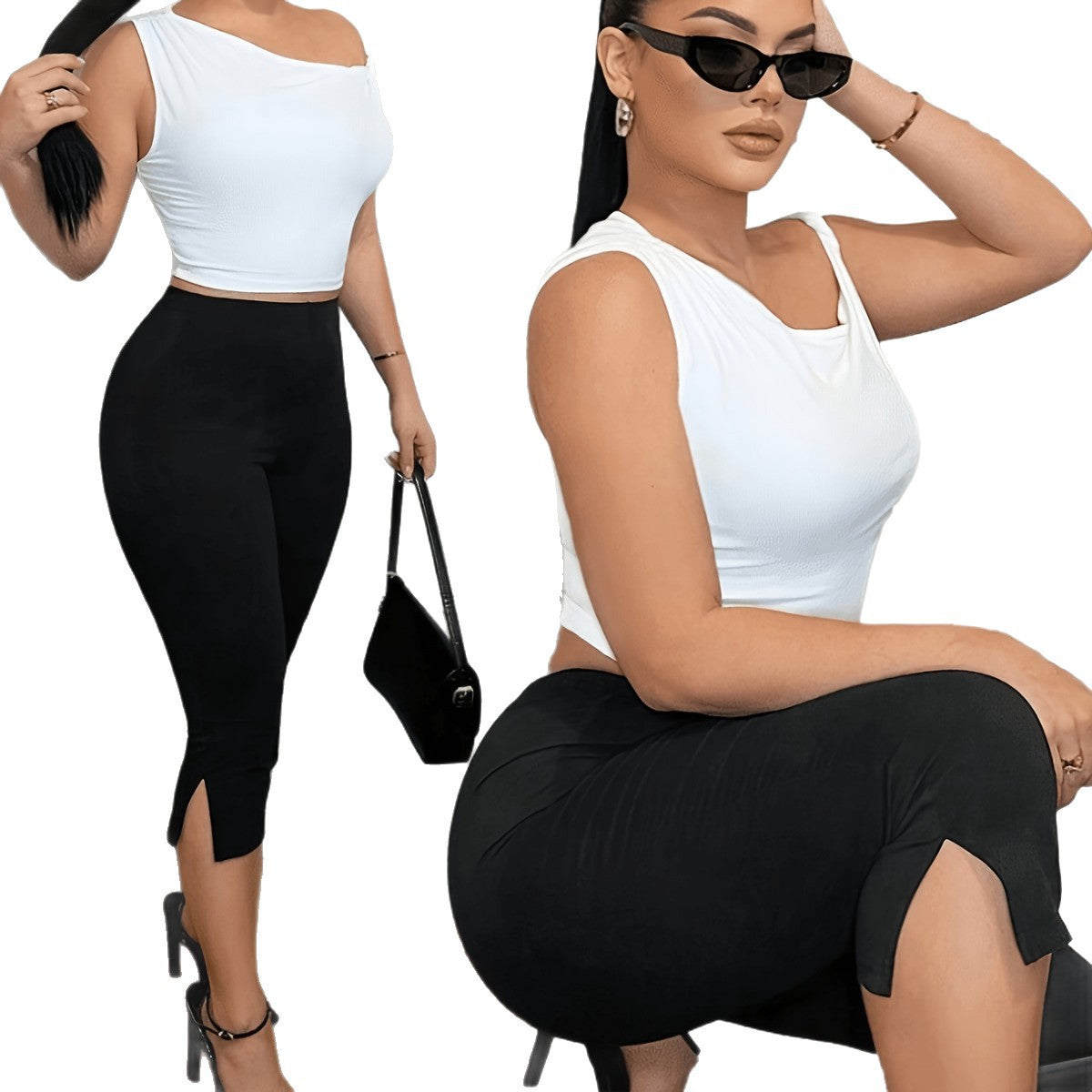 Womens Elastic Waist Slim Fit Split Leggings