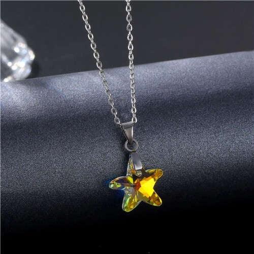 Korean Fashion Minimalist Glass Crystal Starfish Pandent Stainless Steel Necklace - Luminous White