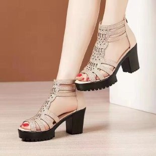 Women Chunky Heel Hollow Out Roman Sandals