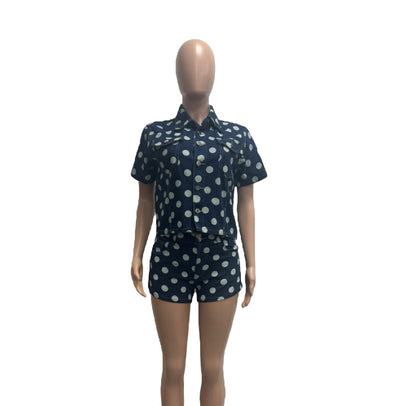 Printed Polka Dot Denim Two-Piece Set