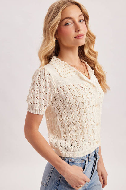 POINTELLE BUTTON DOWN SHIRT KNIT CARDIGAN: IVORY