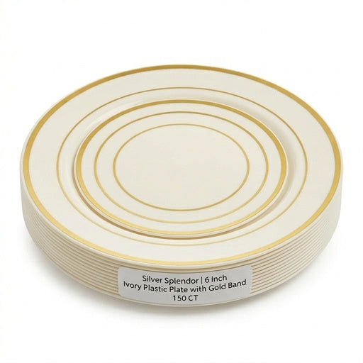 Silver Splendor 6 Inch Ivory Plastic Plate with Gold Band 150 CT