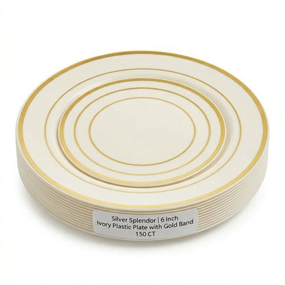 Silver Splendor 6 Inch Ivory Plastic Plate with Gold Band 150 CT