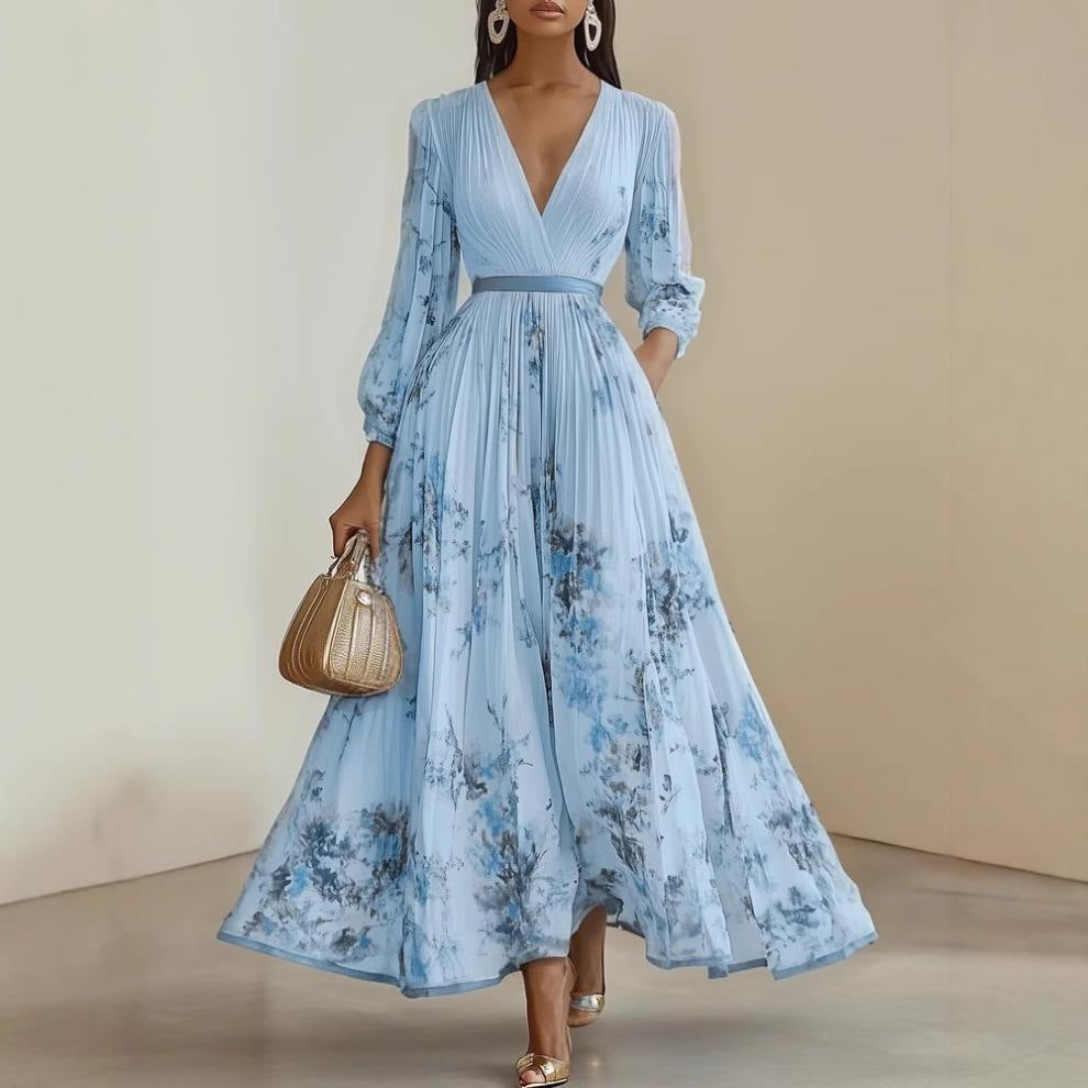 Floral Print V-Neck Pleated Dress