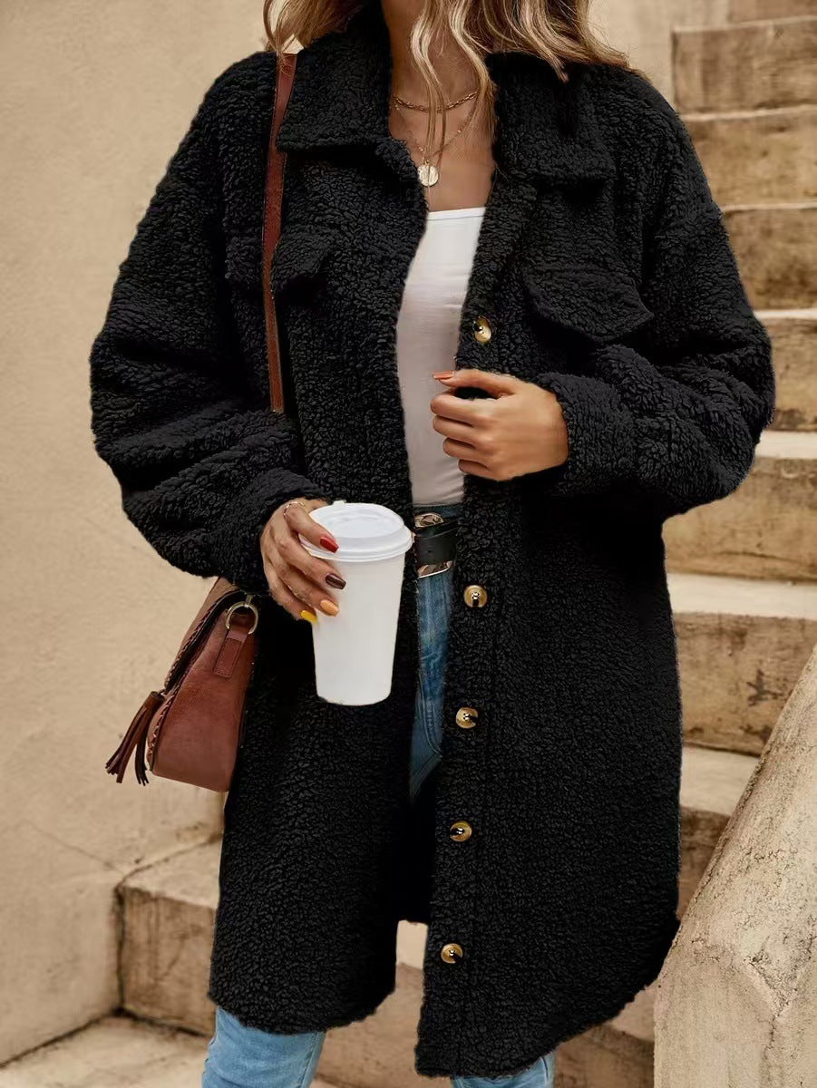 Womens Winter Plush Coat Open Front Lapel Long Coat