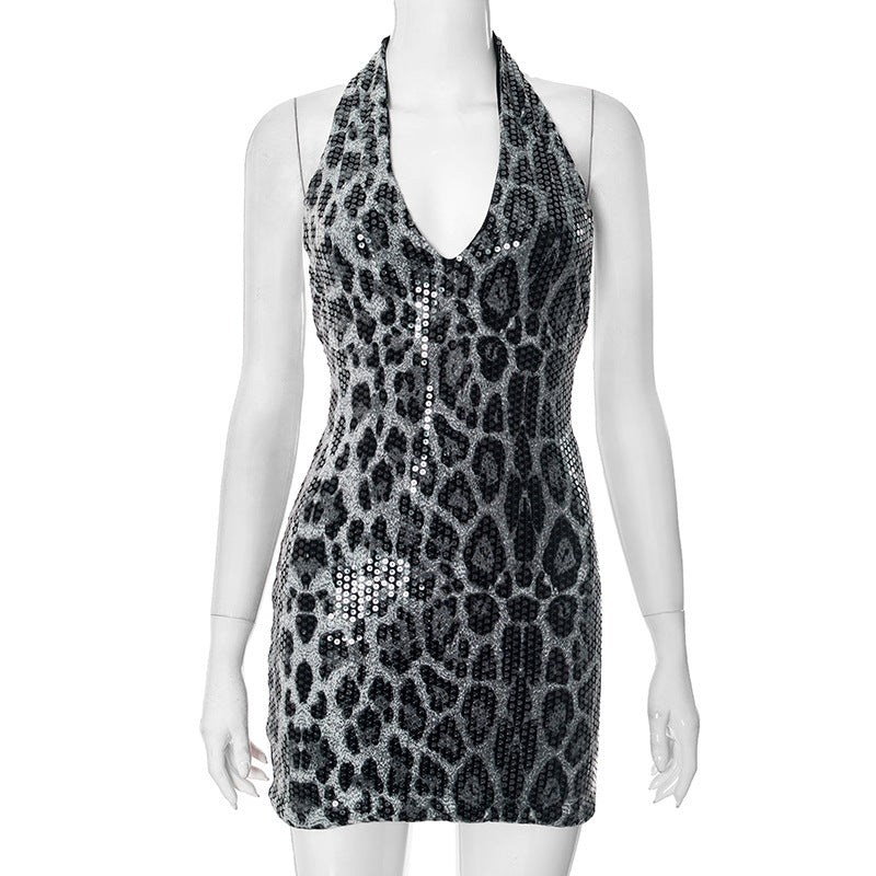 Halterneck Deep V Animal Print Sequin Sleeveless Backless Dress
