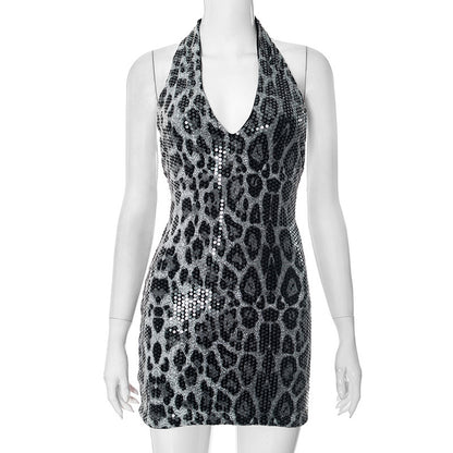 Halterneck Deep V Animal Print Sequin Sleeveless Backless Dress