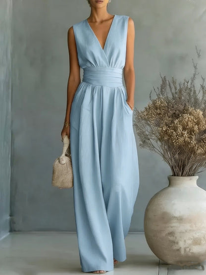 Elegant V Neck Waist Cinching Women Jumpsuit
