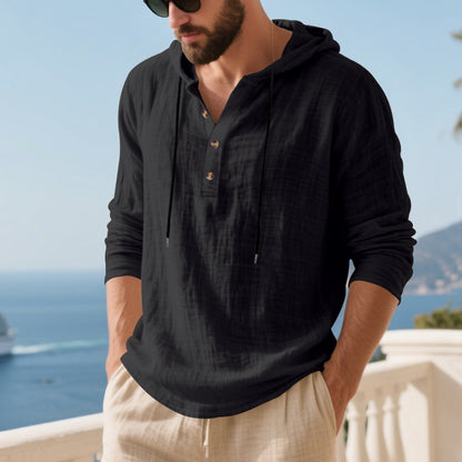 Mens Hooded Linen Long Sleeve T-Shirt
