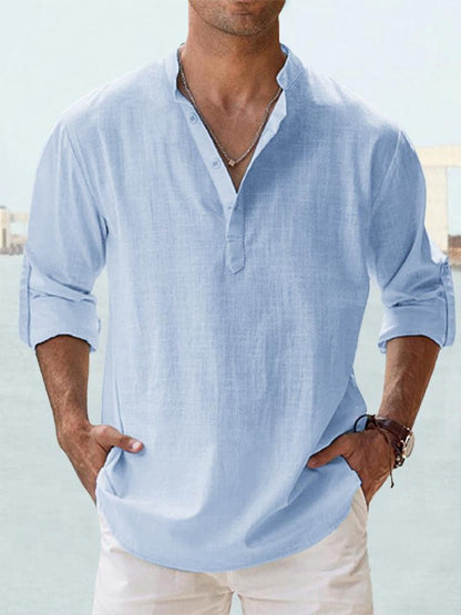 Mens Casual Stand Collar Long Sleeve Cotton Shirt