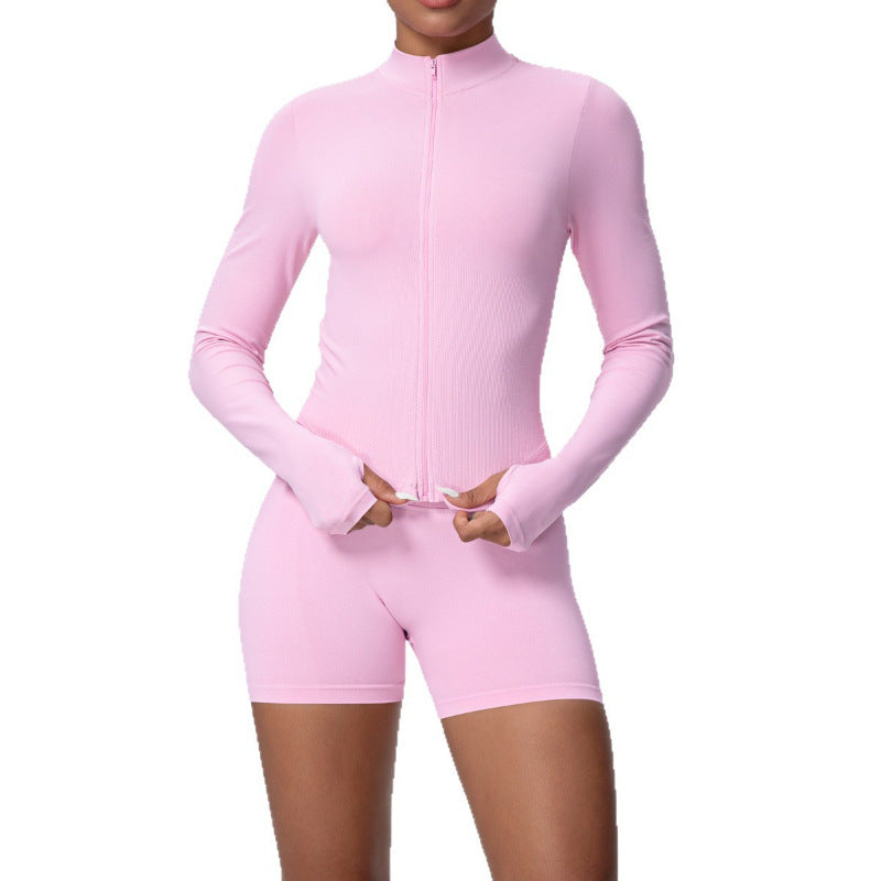 seamless solid color tight high elastic breathable zipper sports suit