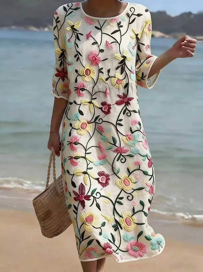 Womens V-Neck 3D Digital Print A-Line Midi Dress