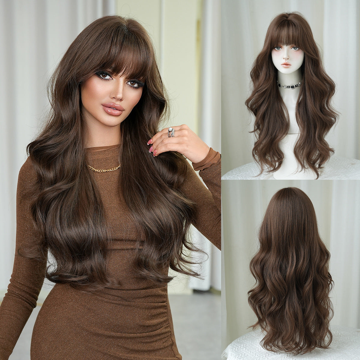 Long wavy hair with a natural topdoe of synthetic wig with a front fringe