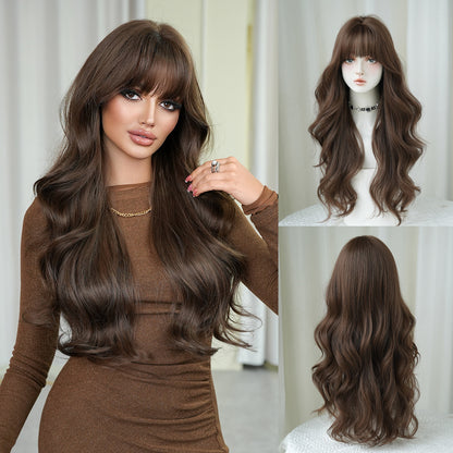 Long wavy hair with a natural topdoe of synthetic wig with a front fringe