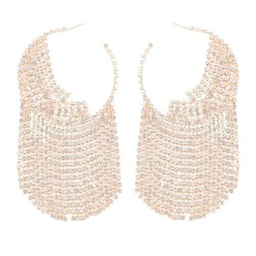 Gold Rhinestone Tassel Hoop Earrings