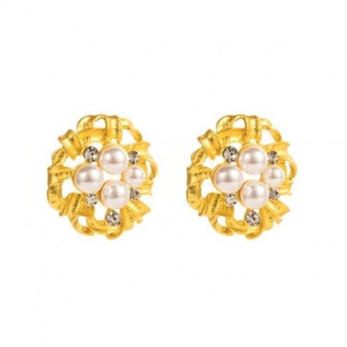 Luxurious Pearl and Rhinestone Embellished Golden Floral Hoop Design Women Earrings