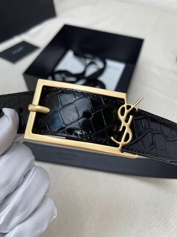 Saint Laurent Classic Monogram Square Buckle Belt Crocodile Embossed Leather