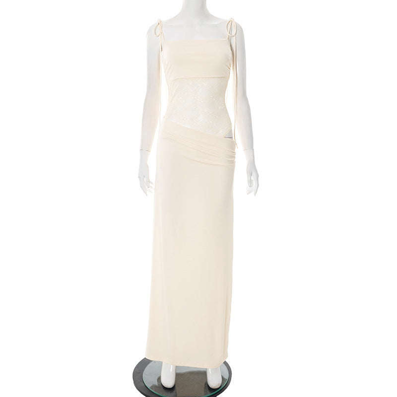 Women Summer Solid Color Lace Splicing Strap Dress