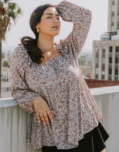 Floral Tiered Woven Top - Earl Grey