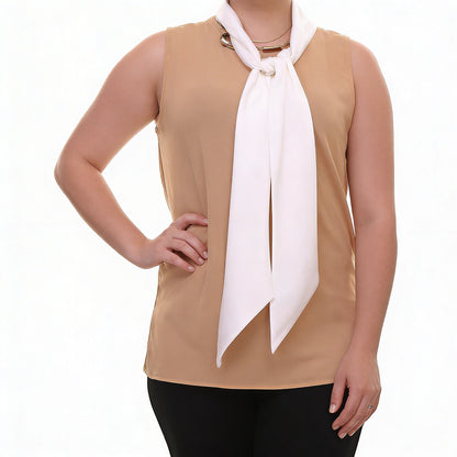 Lauren Ralph Lauren Tan Pearl Contrast-Neckline Jersey Shirt,Size Small