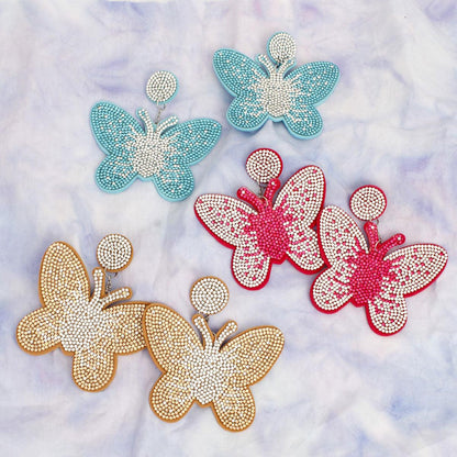 Drop Brown Butterfly Rhinestone Fabric Earrings