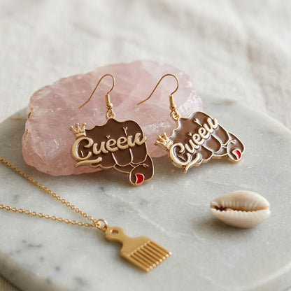 Gold Queen Raised Fist Fish Hook Earrings