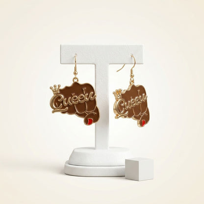 Gold Queen Raised Fist Fish Hook Earrings