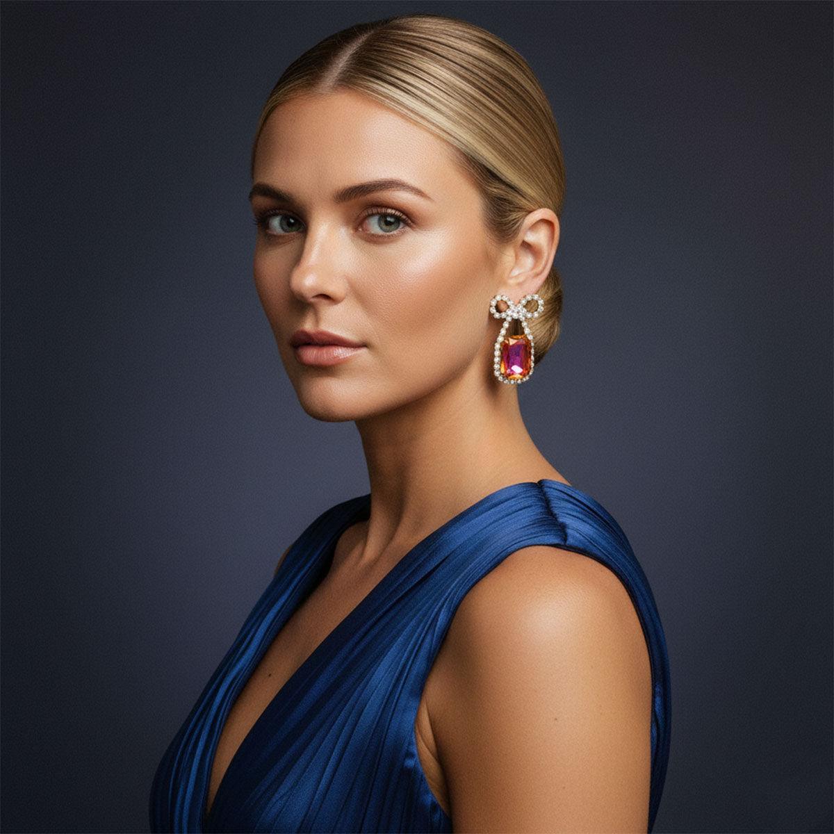 Dangle Date Night Purple Crystal Bow Earrings