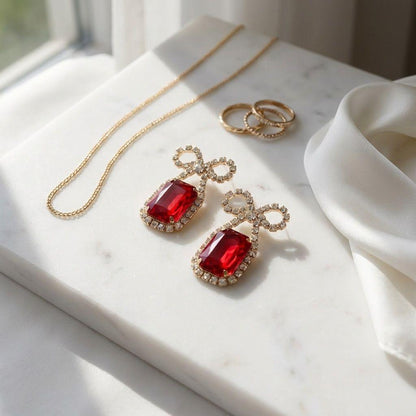 Dangle Date Night Red Crystal Sparkle Bow Earrings