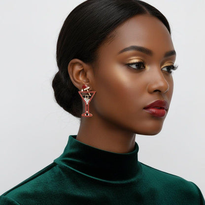 Stud Gold Tipsy Santa Red Martini Xmas Earrings