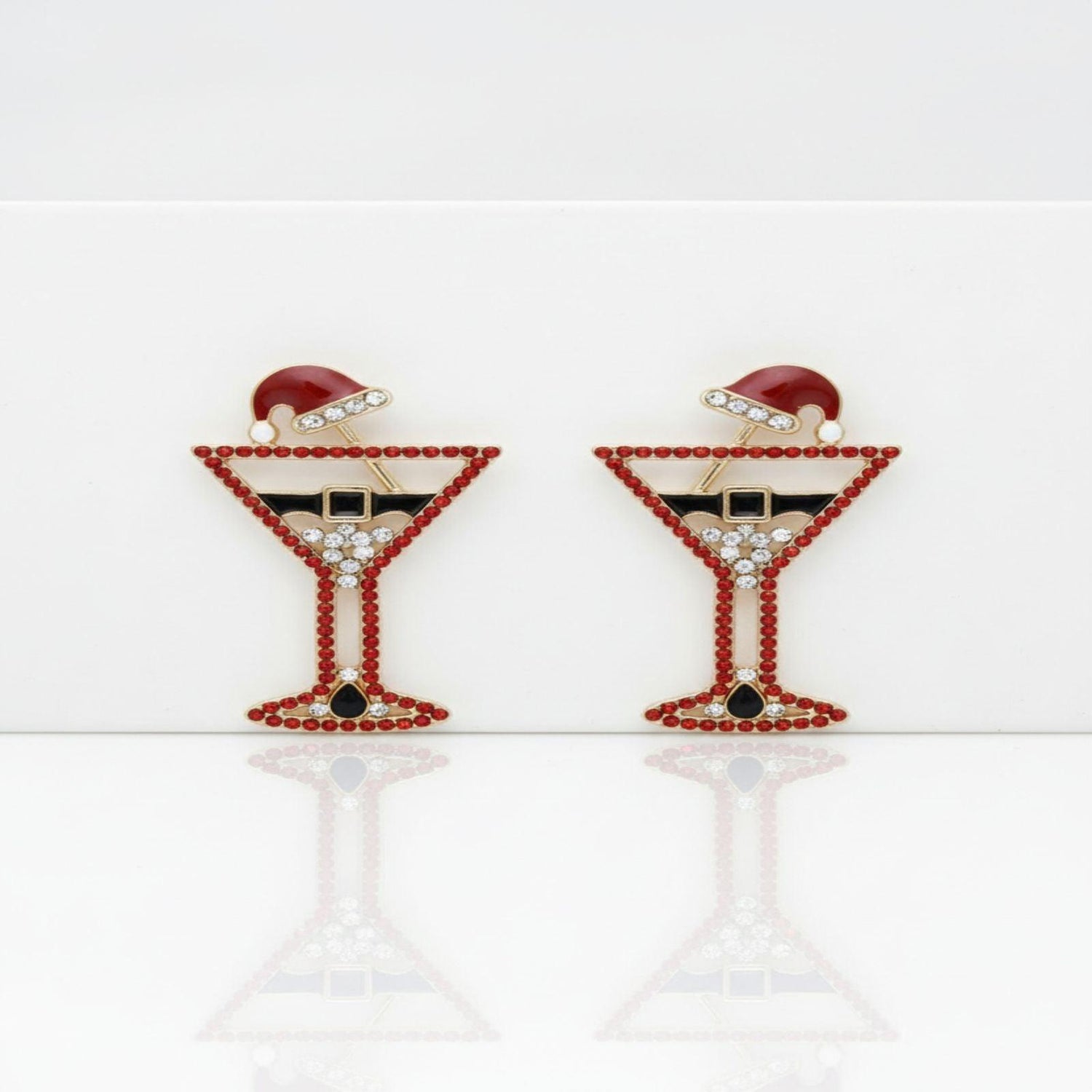 Stud Gold Tipsy Santa Red Martini Xmas Earrings