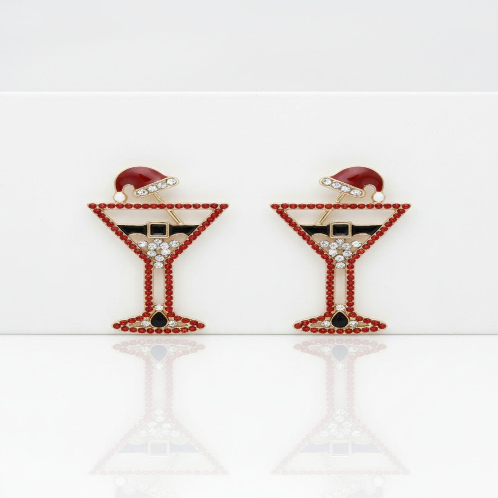 Stud Gold Tipsy Santa Red Martini Xmas Earrings