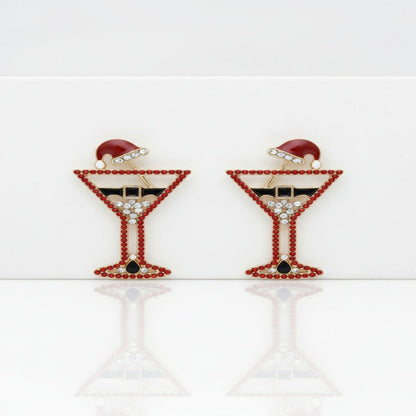 Stud Gold Tipsy Santa Red Martini Xmas Earrings