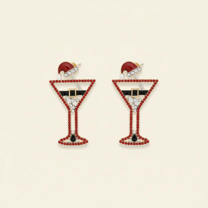Stud Silver Tipsy Santa Red Martini Xmas Earrings