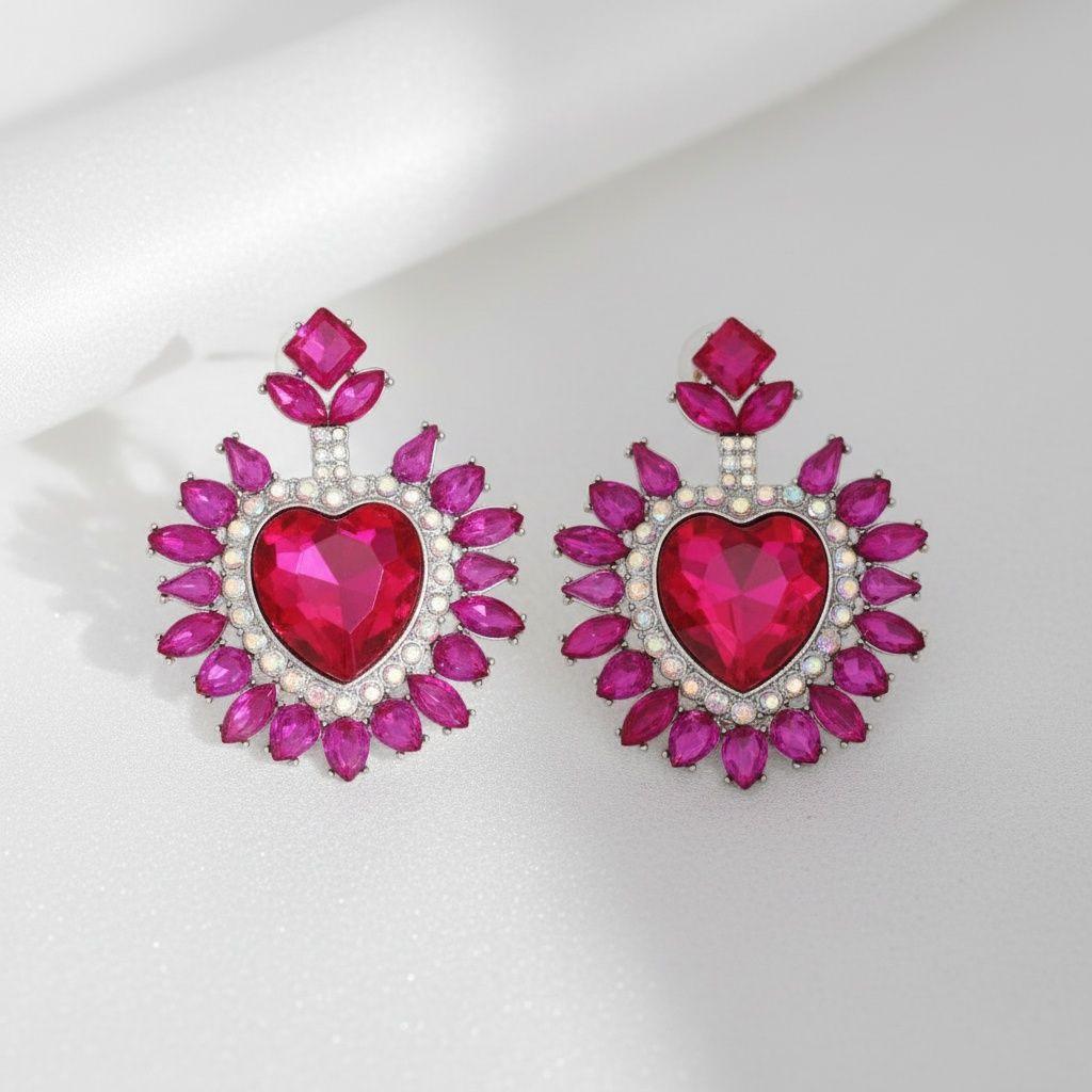 Stud Fuchsia Pink Crystal and Glass Heart Earrings
