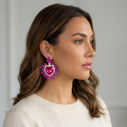 Stud Fuchsia Pink Crystal and Glass Heart Earrings