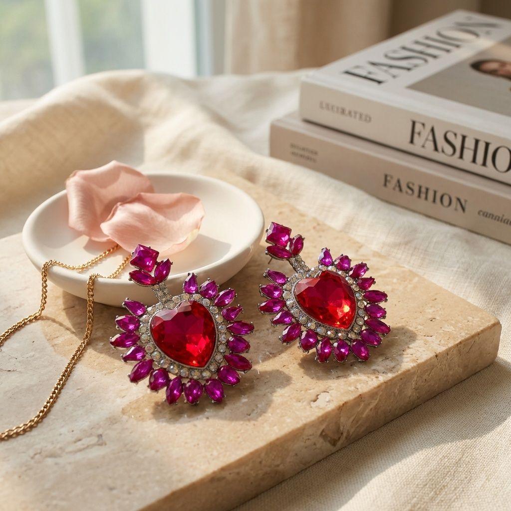 Stud Fuchsia Pink Crystal and Glass Heart Earrings