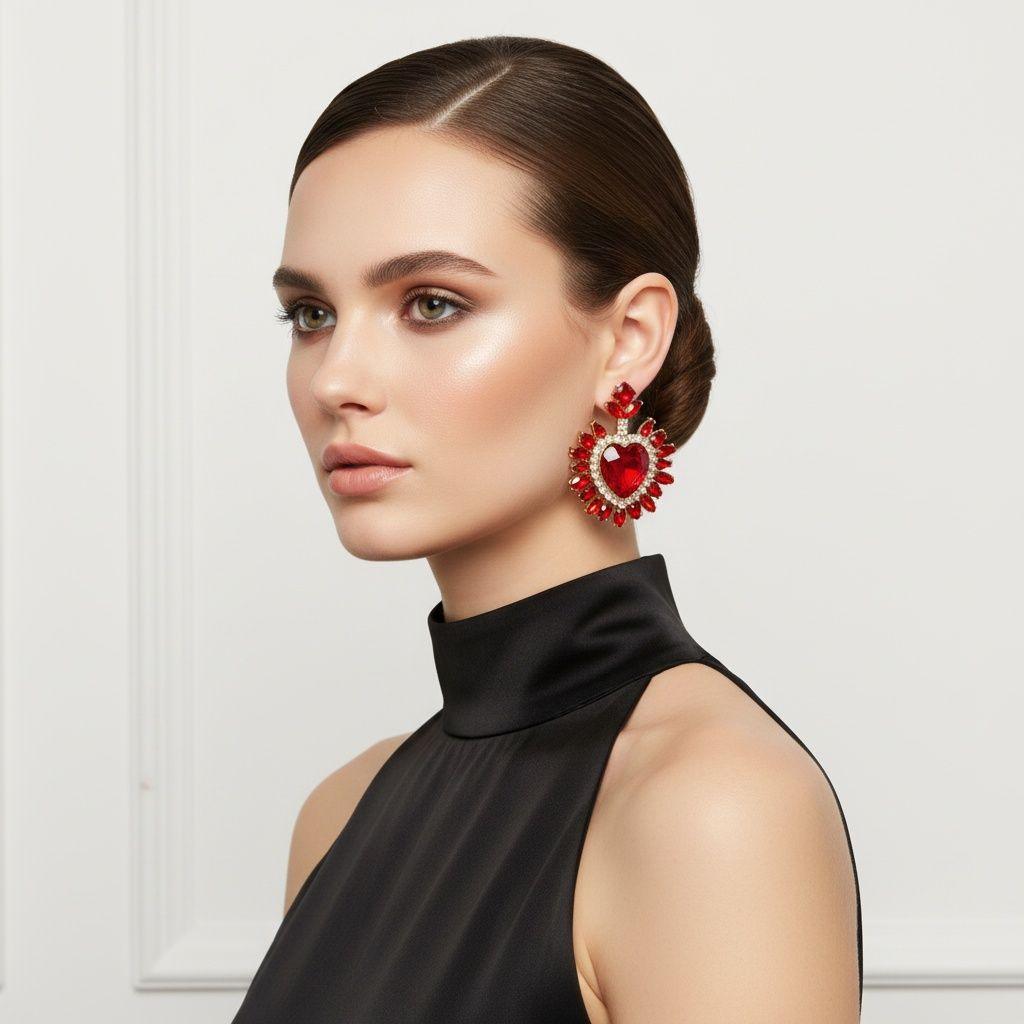 Stud Red Crystal and Glass Heart Earrings