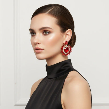 Stud Red Crystal and Glass Heart Earrings