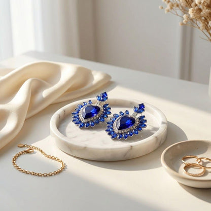 Stud Royal Blue Crystal and Glass Heart Earrings